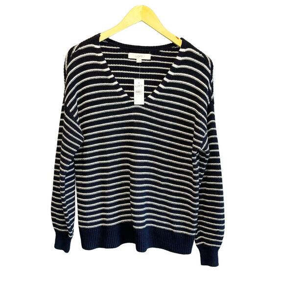 Loft NWT Navy & White Stripe V-neck Cotton Sweater - size Small - Picture 1 of 6